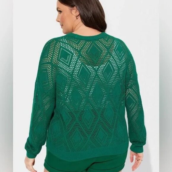 TORRID Women's Emerald Green Pointelle Pullover Long Sleeve Open Weave Sweater 3 - Picture 2 of 7